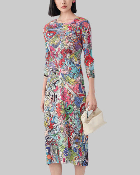 Japanese Style Graffiti Print Pleated Maxi Dress