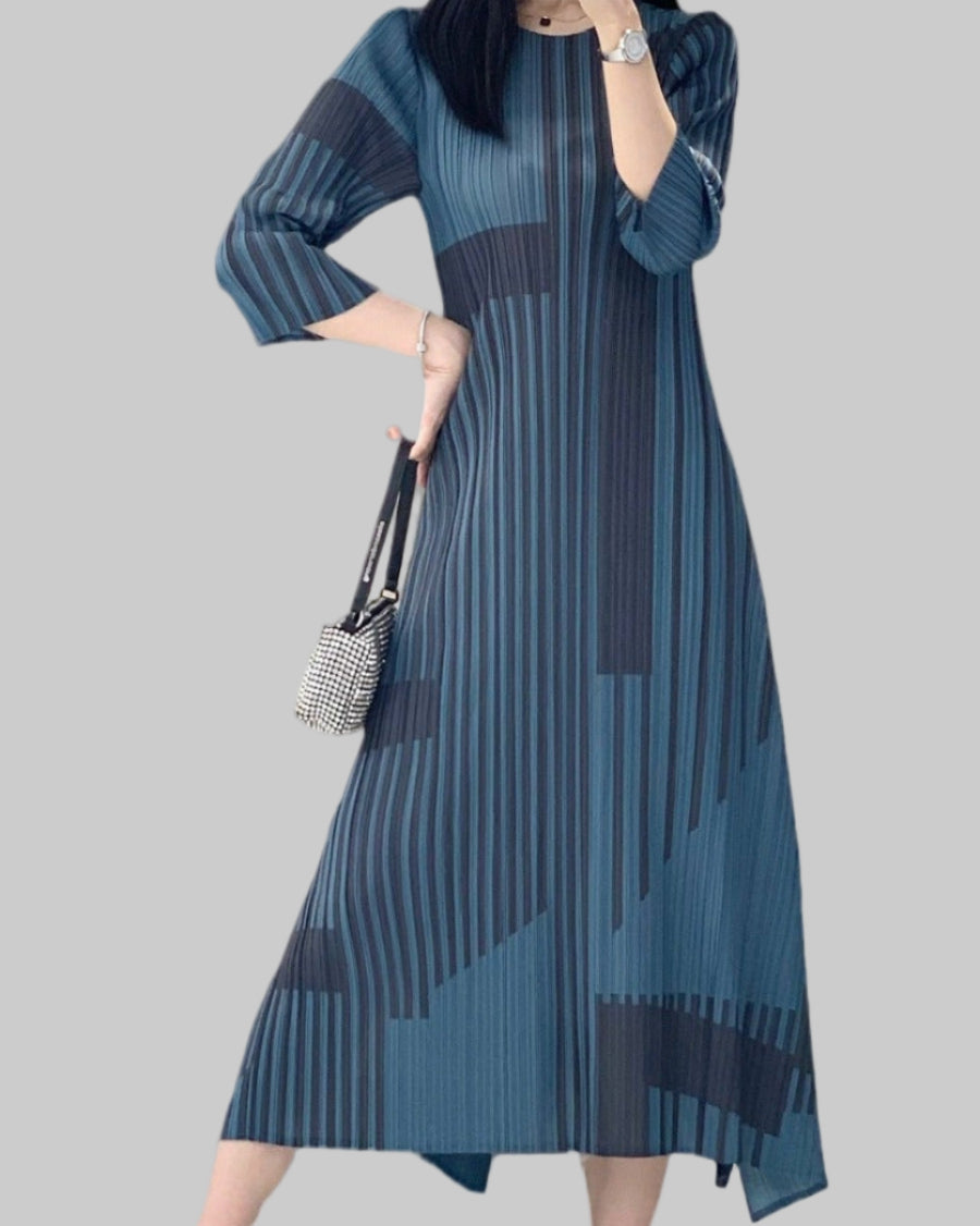 Miyake stripe print vintage dress women's spring and summer high-end pleats waist slimming crew neck bottom long skirt