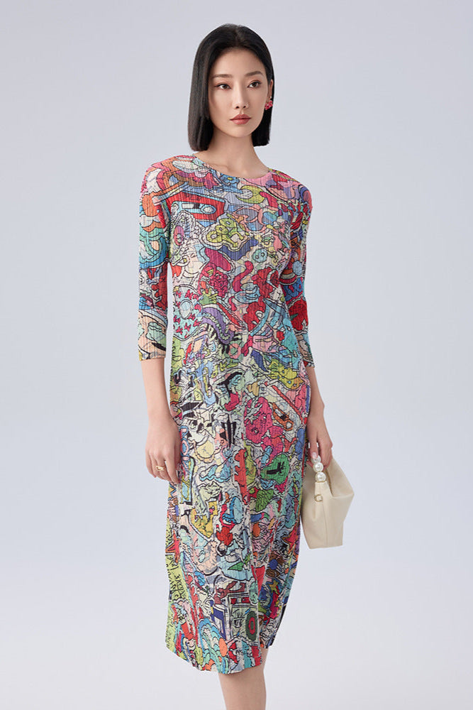 Japanese Style Graffiti Print Pleated Maxi Dress