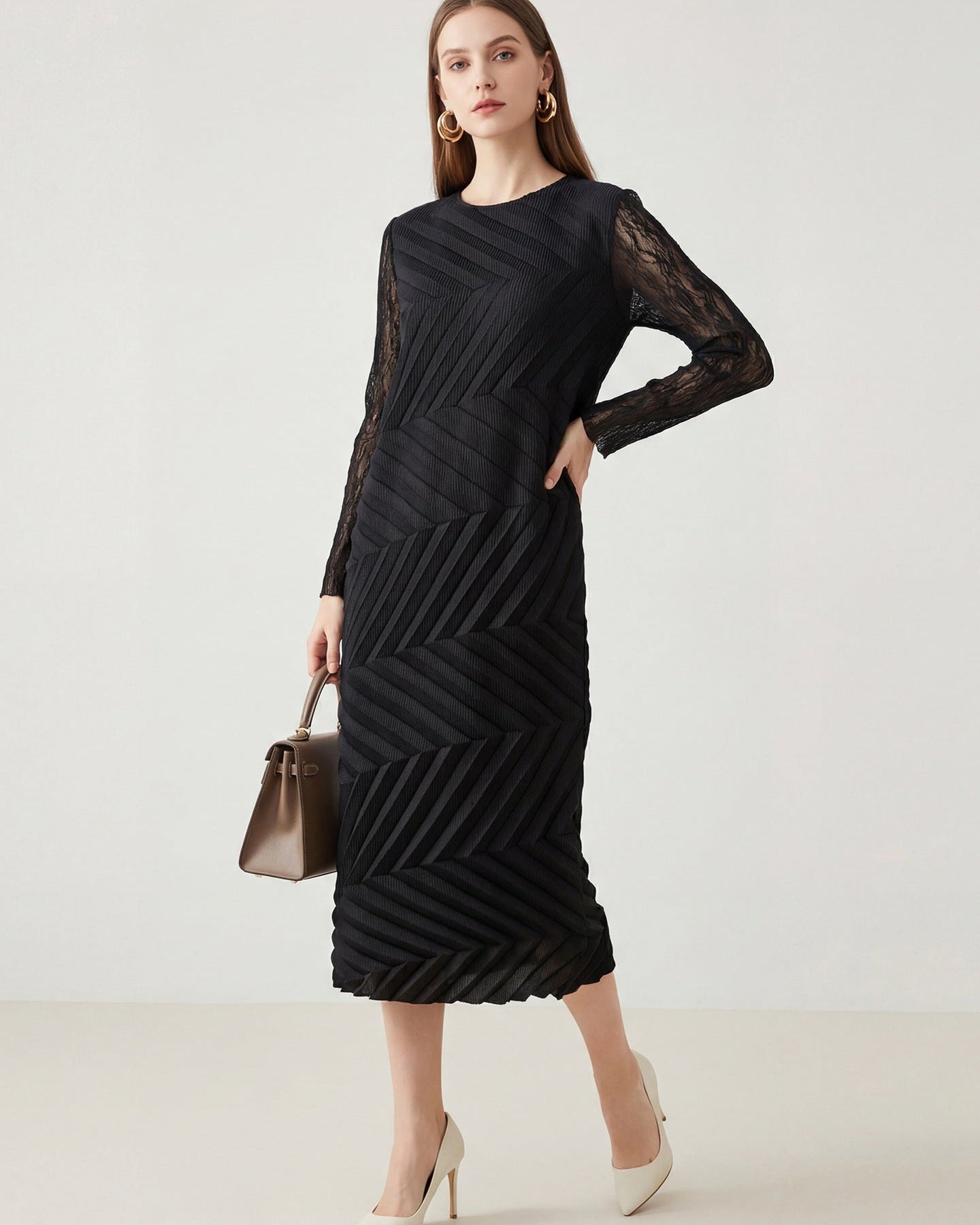 Japanese Style Irregular Pleated Long Sleeve Crew-Neck Dress