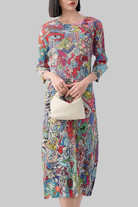 Japanese Style Graffiti Print Pleated Maxi Dress