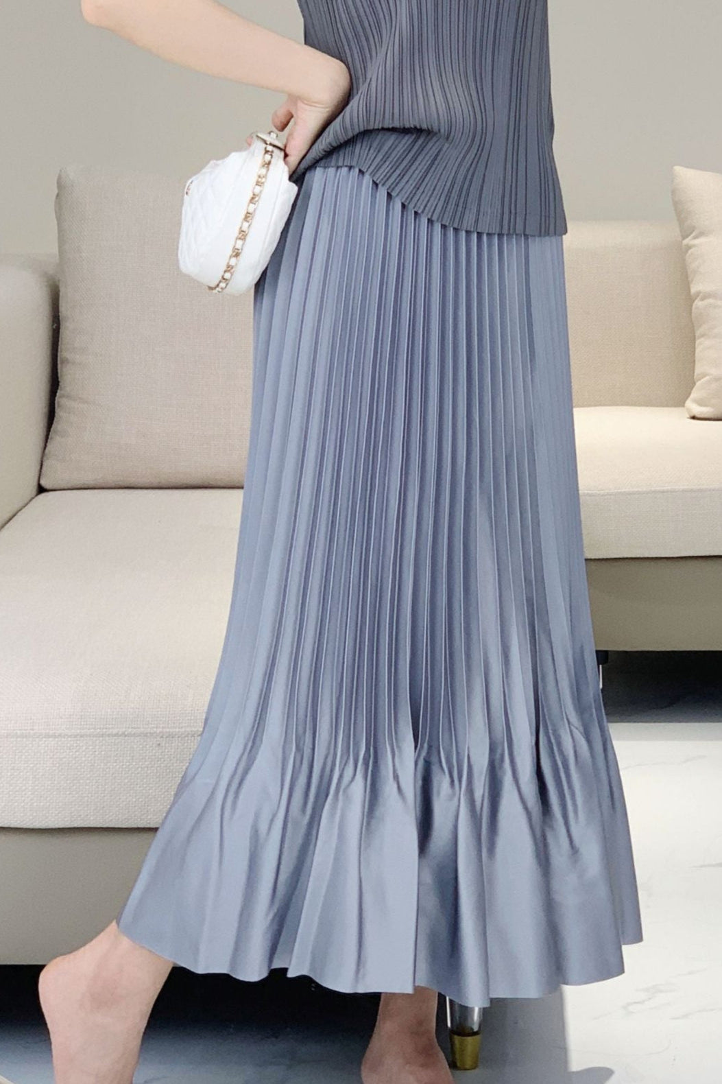 Japanese Satin Ruffled Pleated Midi Skirt