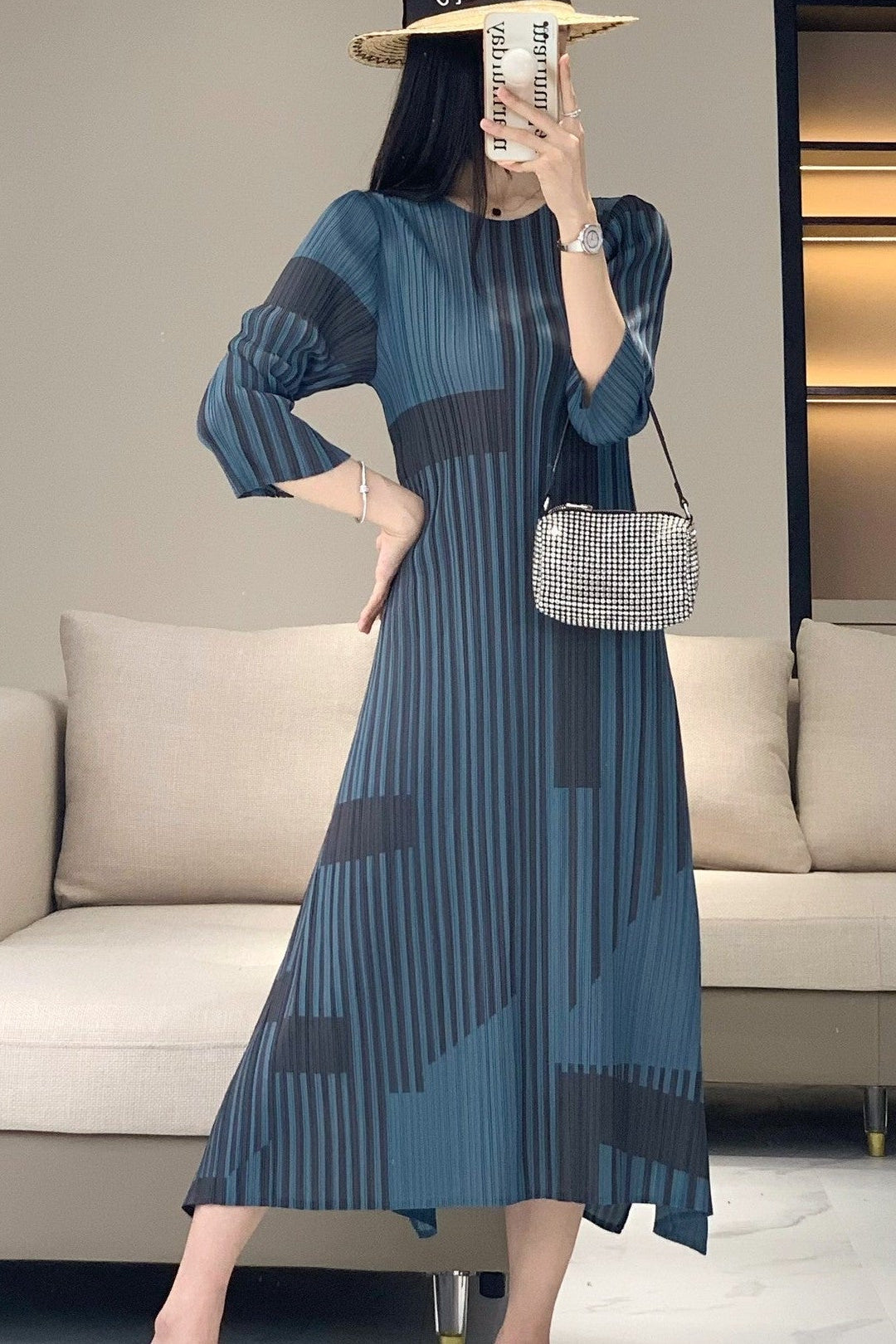 Japanese Pleated Style Striped Vintage Midi Dress