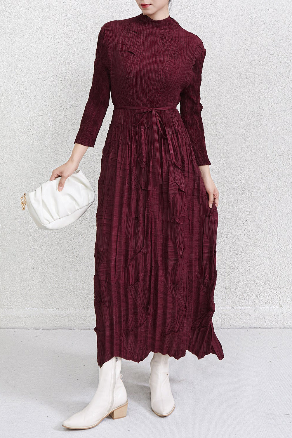 Japanese-Inspired Irregular Lace-Up Pleated Maxi Dress