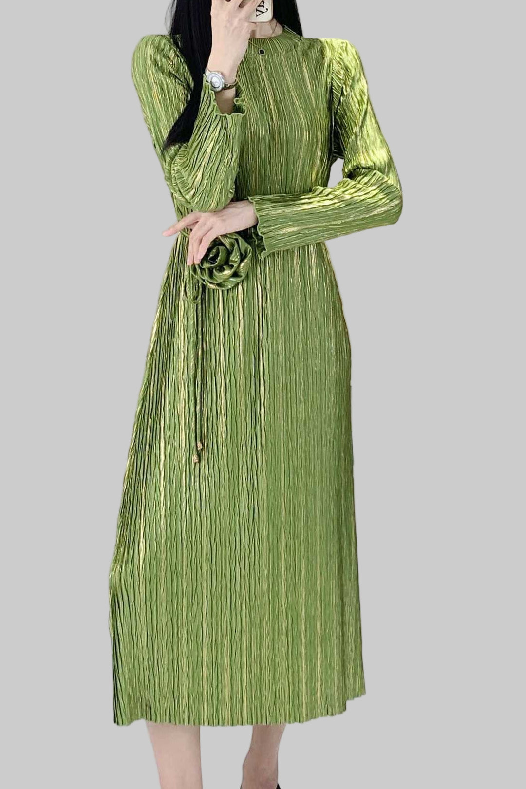 Japanese Style Foil Print Pleated Midi Dress