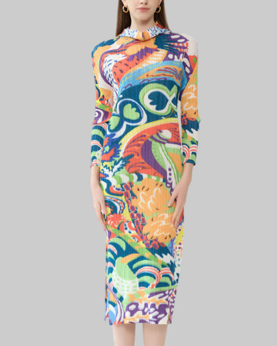 2025 New Spring Pleated Long Sleeve Casual Style Midi Skirt with Graffiti Colorful Slim Hooded Dress