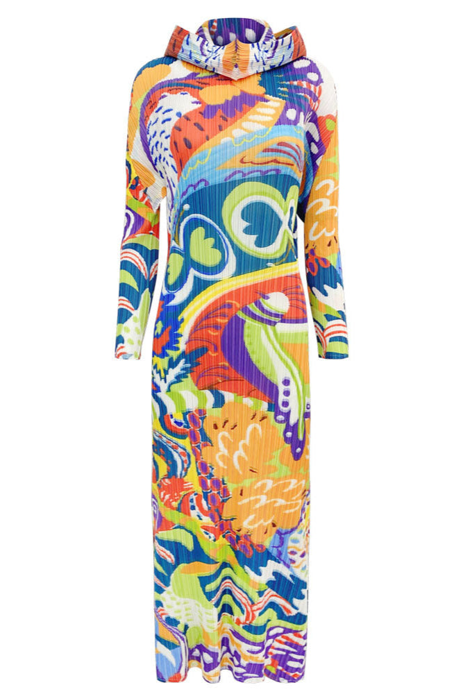 2025 New Spring Pleated Long Sleeve Casual Style Midi Skirt with Graffiti Colorful Slim Hooded Dress