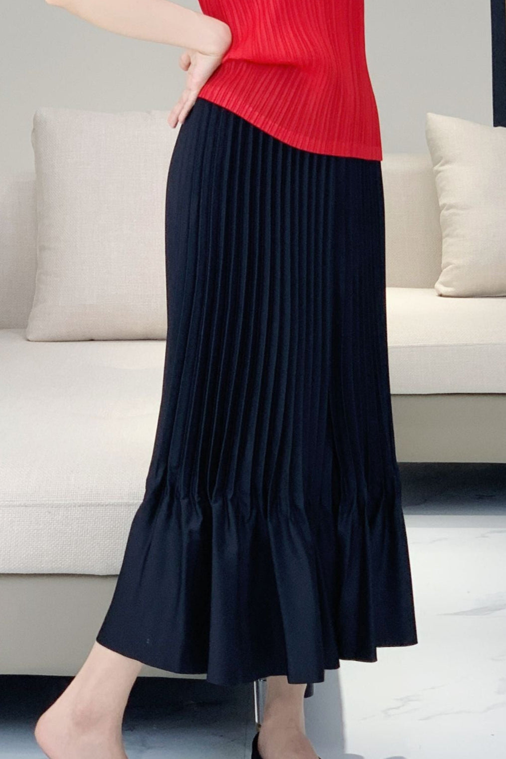 Japanese Satin Ruffled Pleated Midi Skirt