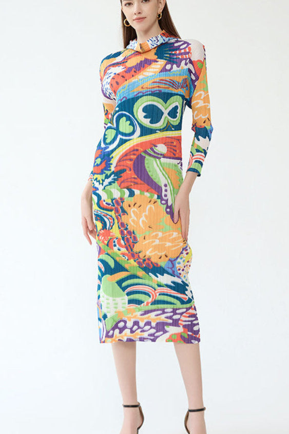 2025 New Spring Pleated Long Sleeve Casual Style Midi Skirt with Graffiti Colorful Slim Hooded Dress