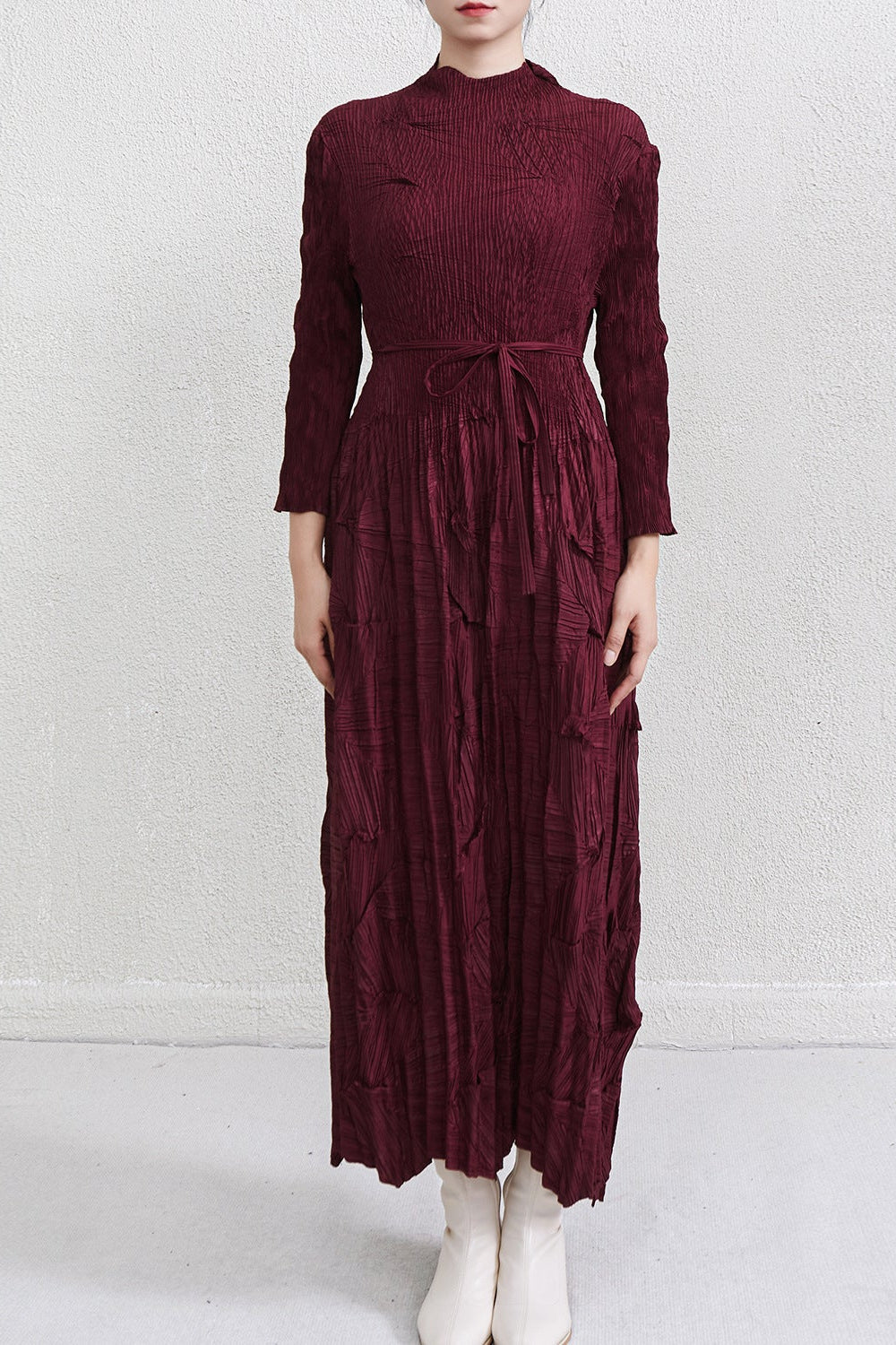 Japanese-Inspired Irregular Lace-Up Pleated Maxi Dress
