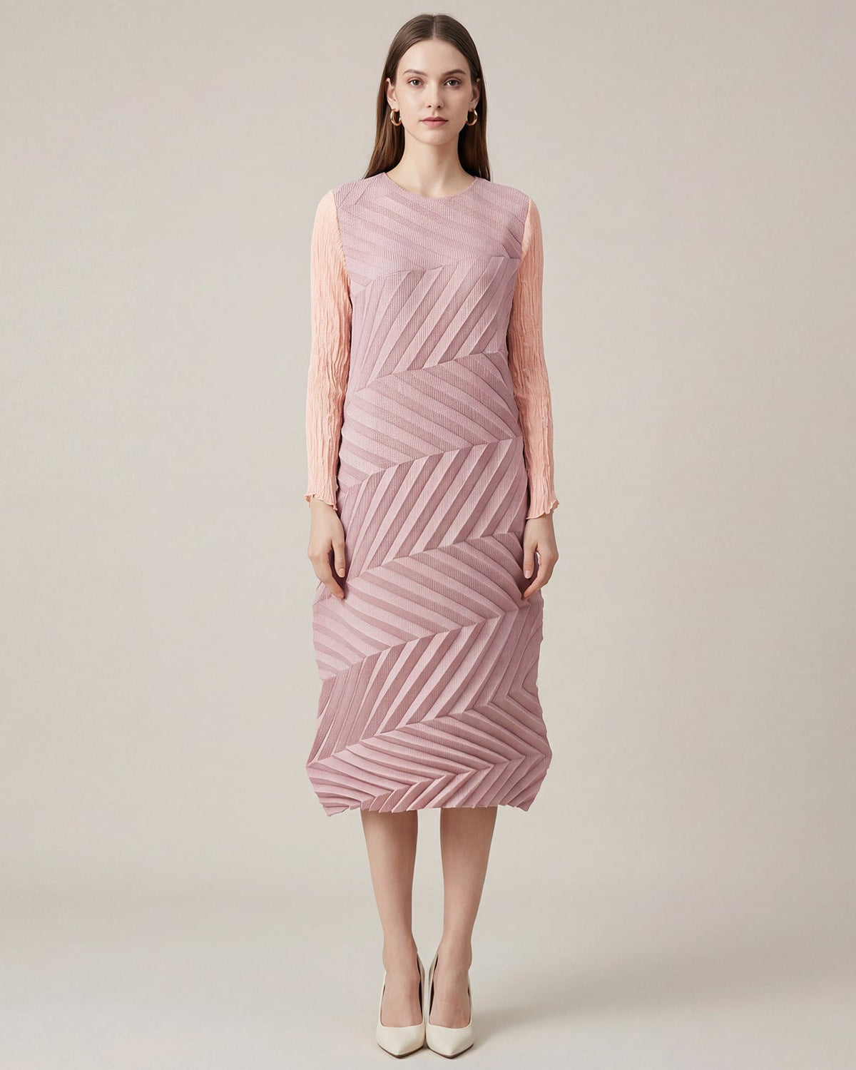 Japanese Style Irregular Pleated Long Sleeve Crew-Neck Dress