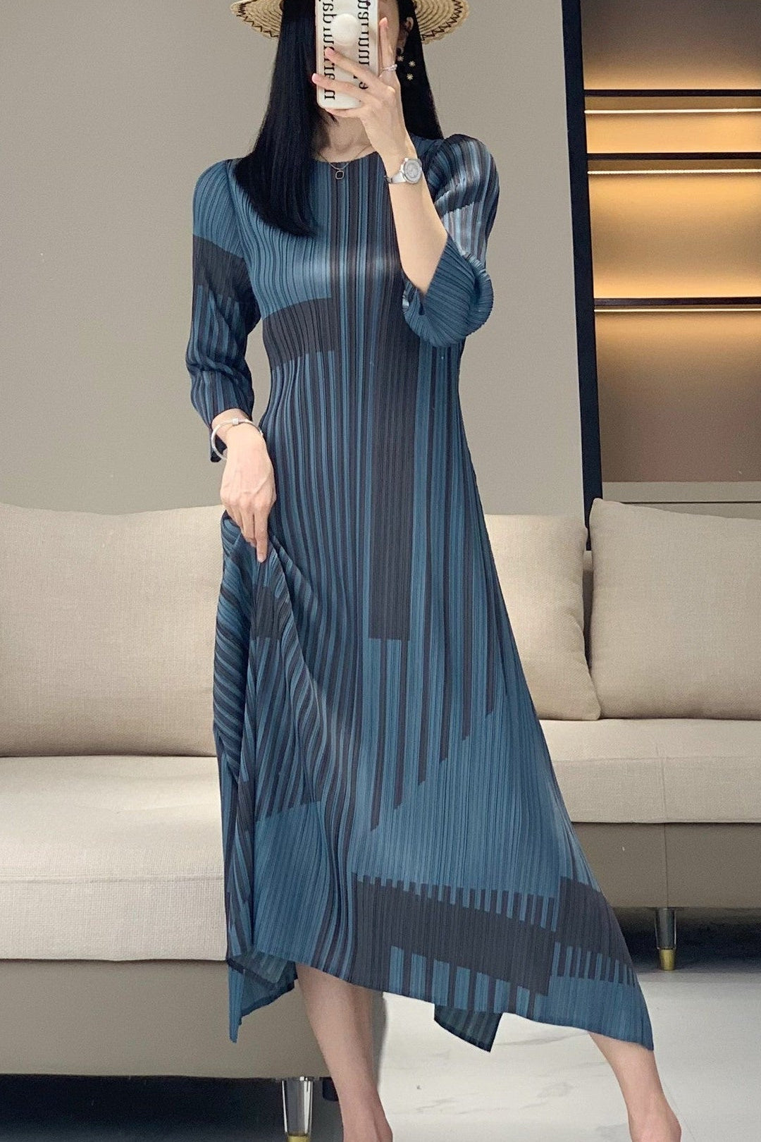 Miyake stripe print vintage dress women's spring and summer high-end pleats waist slimming crew neck bottom long skirt
