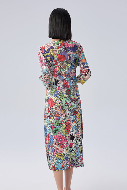 Japanese Style Graffiti Print Pleated Maxi Dress