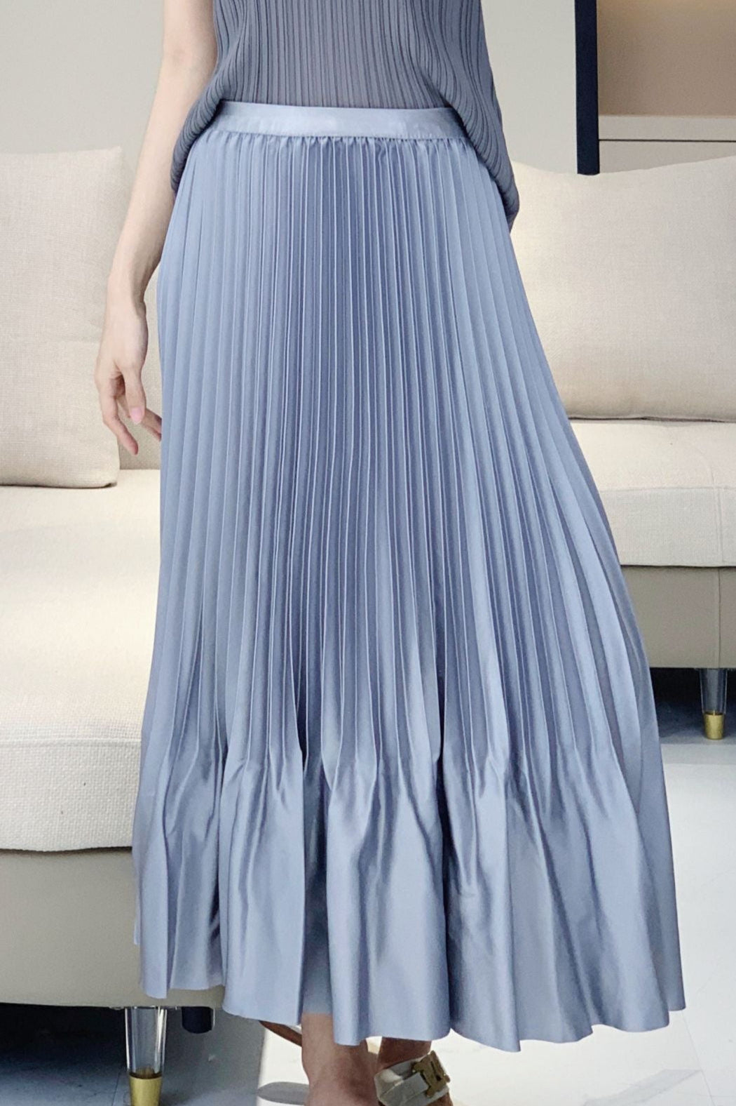 Japanese Satin Ruffled Pleated Midi Skirt