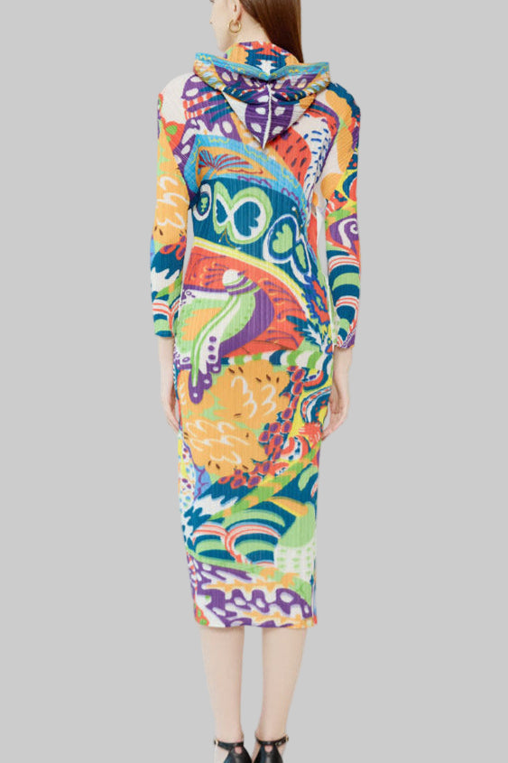 2025 New Spring Pleated Long Sleeve Casual Style Midi Skirt with Graffiti Colorful Slim Hooded Dress
