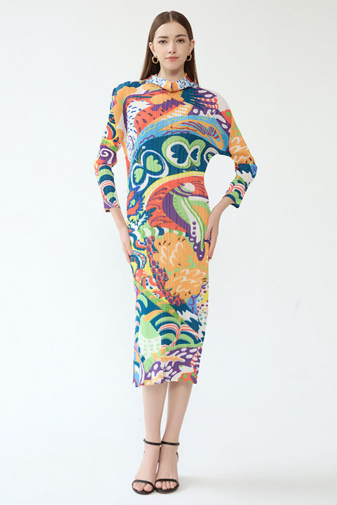 2025 New Spring Pleated Long Sleeve Casual Style Midi Skirt with Graffiti Colorful Slim Hooded Dress