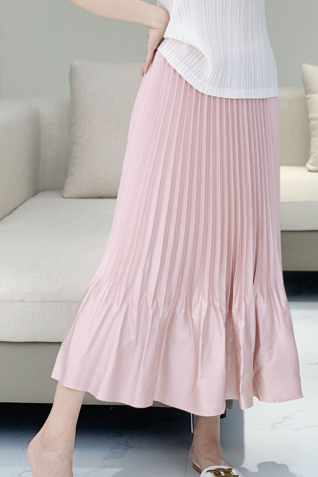 Japanese Satin Ruffled Pleated Midi Skirt