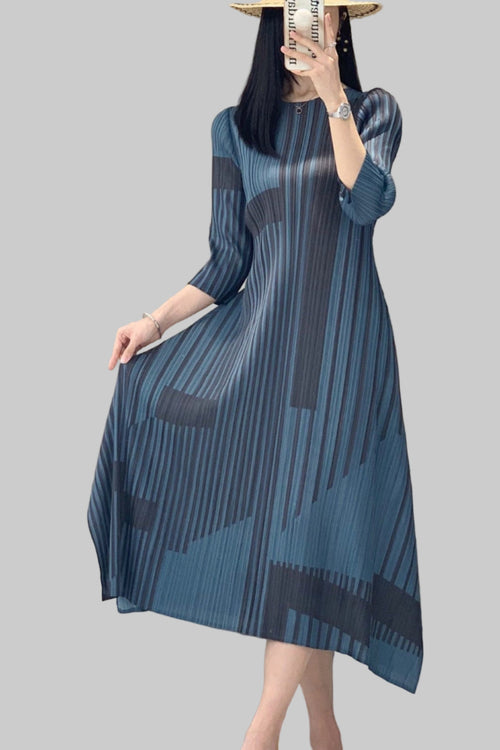 Miyake stripe print vintage dress women's spring and summer high-end pleats waist slimming crew neck bottom long skirt