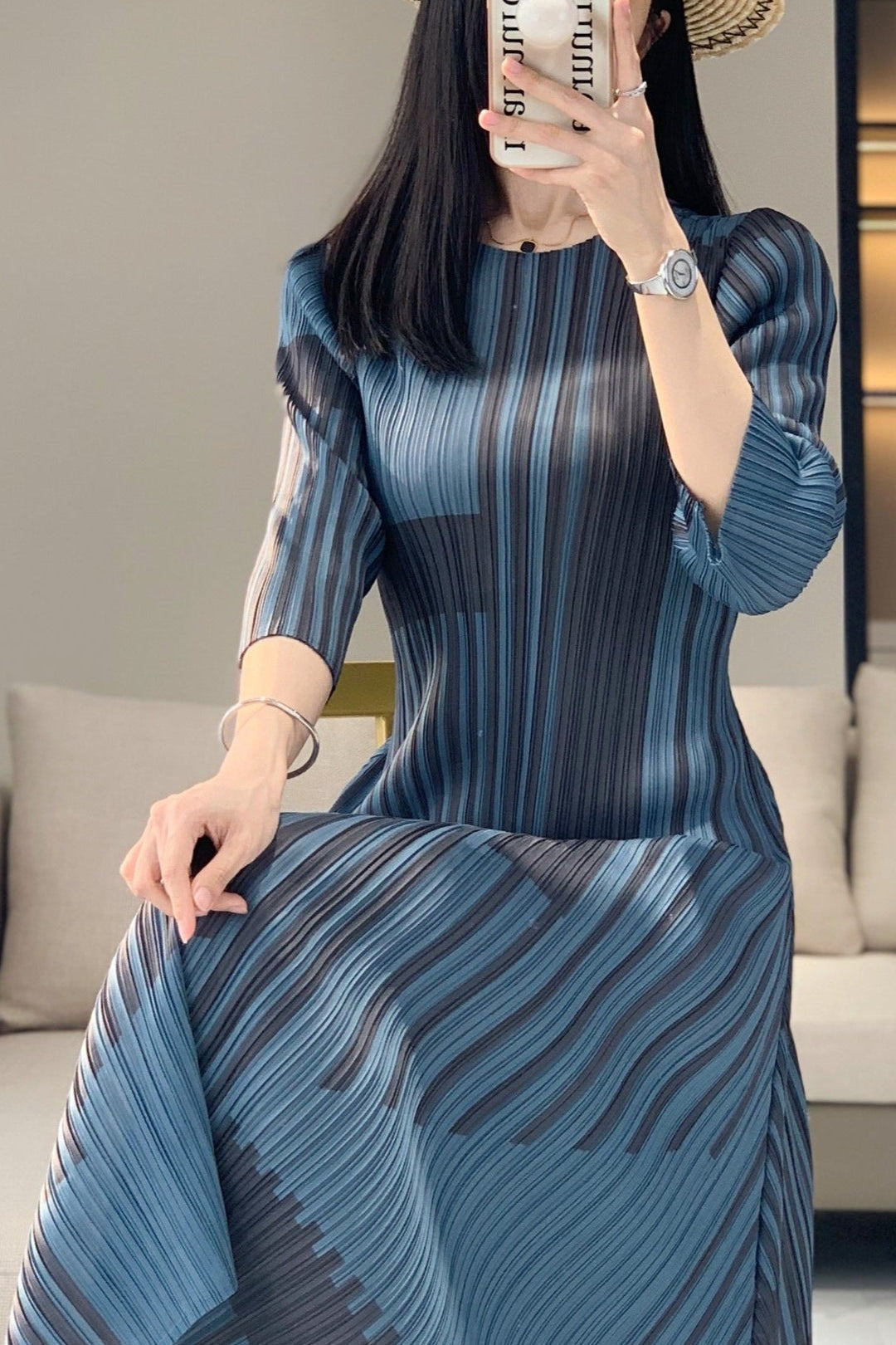 Miyake stripe print vintage dress women's spring and summer high-end pleats waist slimming crew neck bottom long skirt