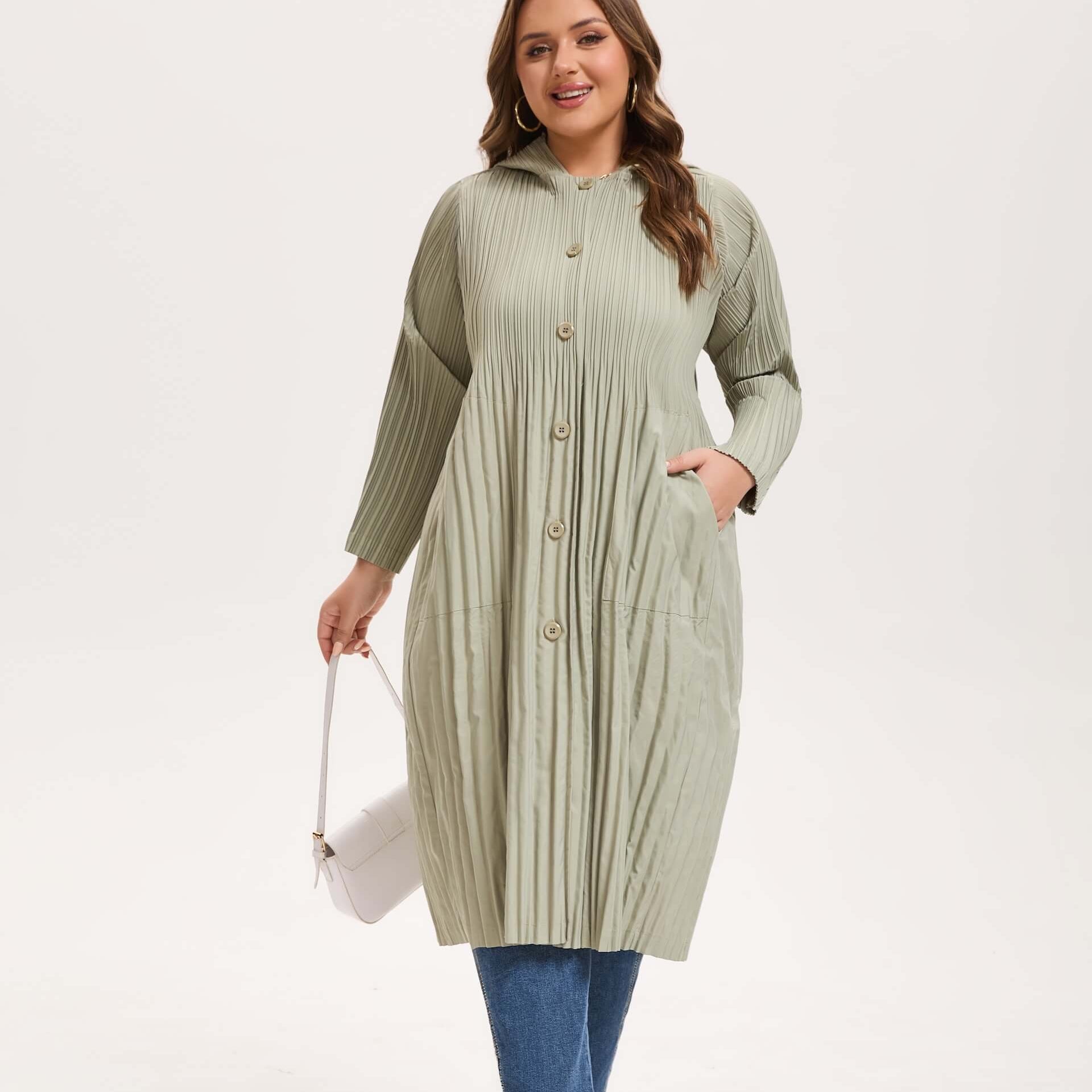 Japanese Pleated Waterproof Hooded Trench Coat – Lightweight Plus Size